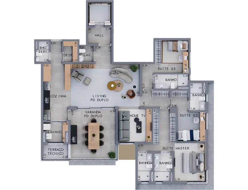 Final 01 - 179m² | Pavimento Ímpar 3 Suítes Banheiros (SR. e S.R.A.) Home TV